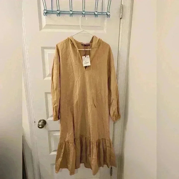 Zara Hooded Beige Poplin Dress Size Small Tan V Neck #S490 - Picture 1 of 5
